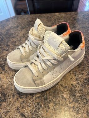 P448 Women's Low-Top Espadrilles in Cream, Light Gray & Orange Heel❤️5.5